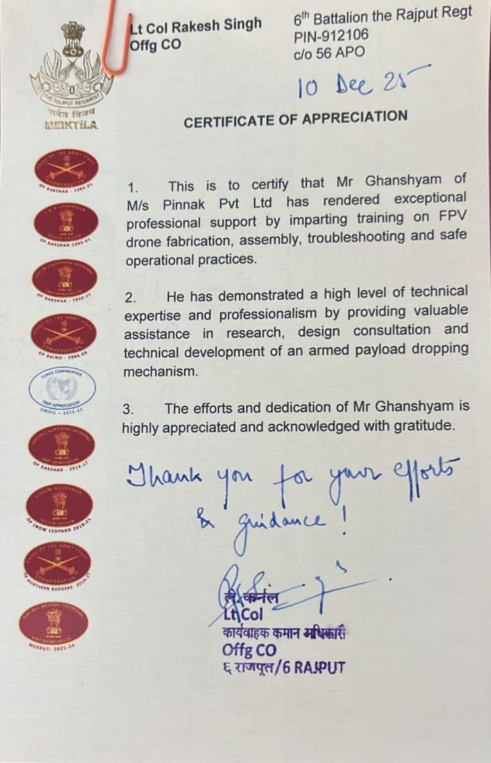 Certificate of appreciation from the Indian Army