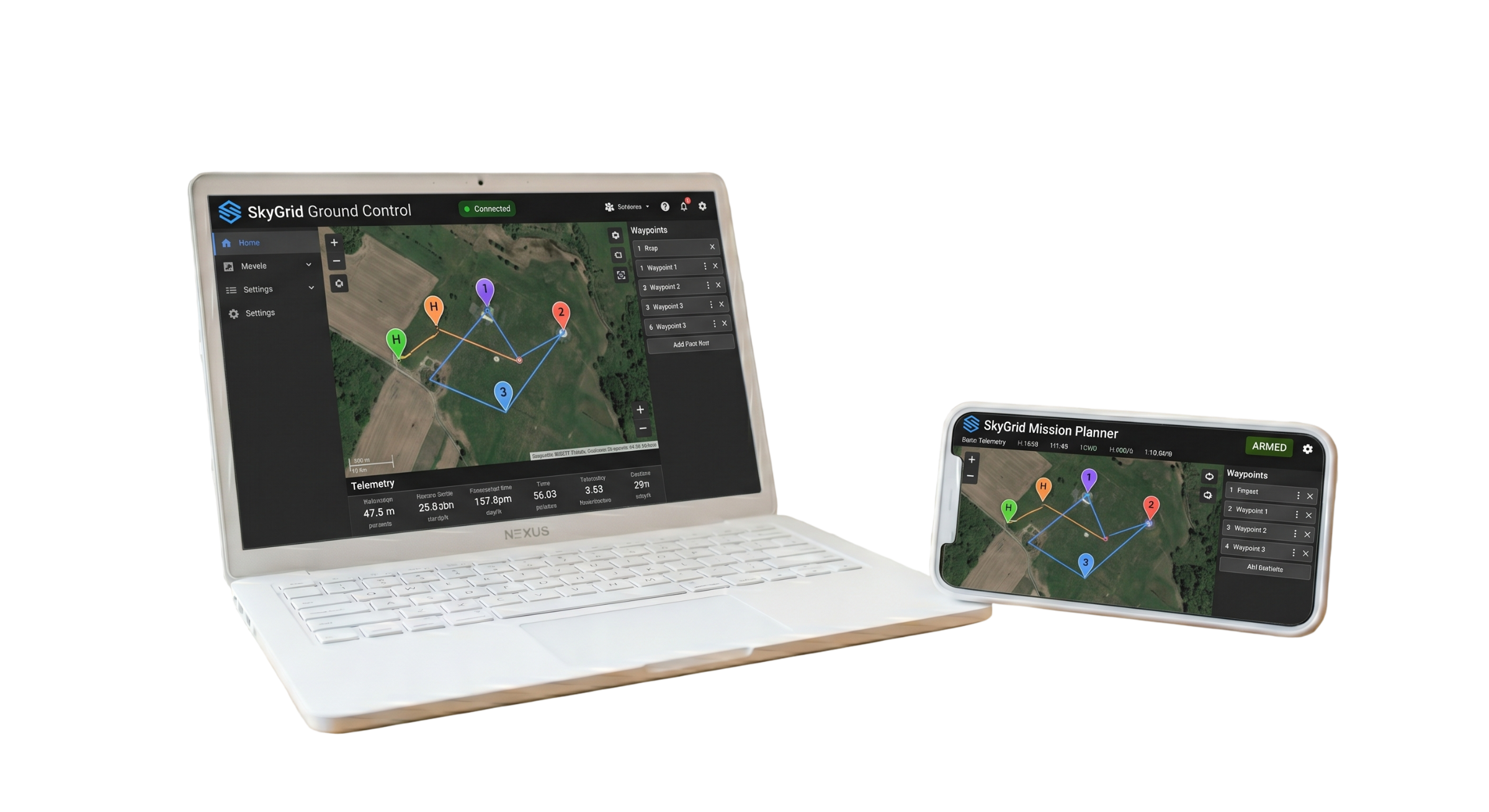 SkyGrid Ground Control software running on a laptop and mobile device